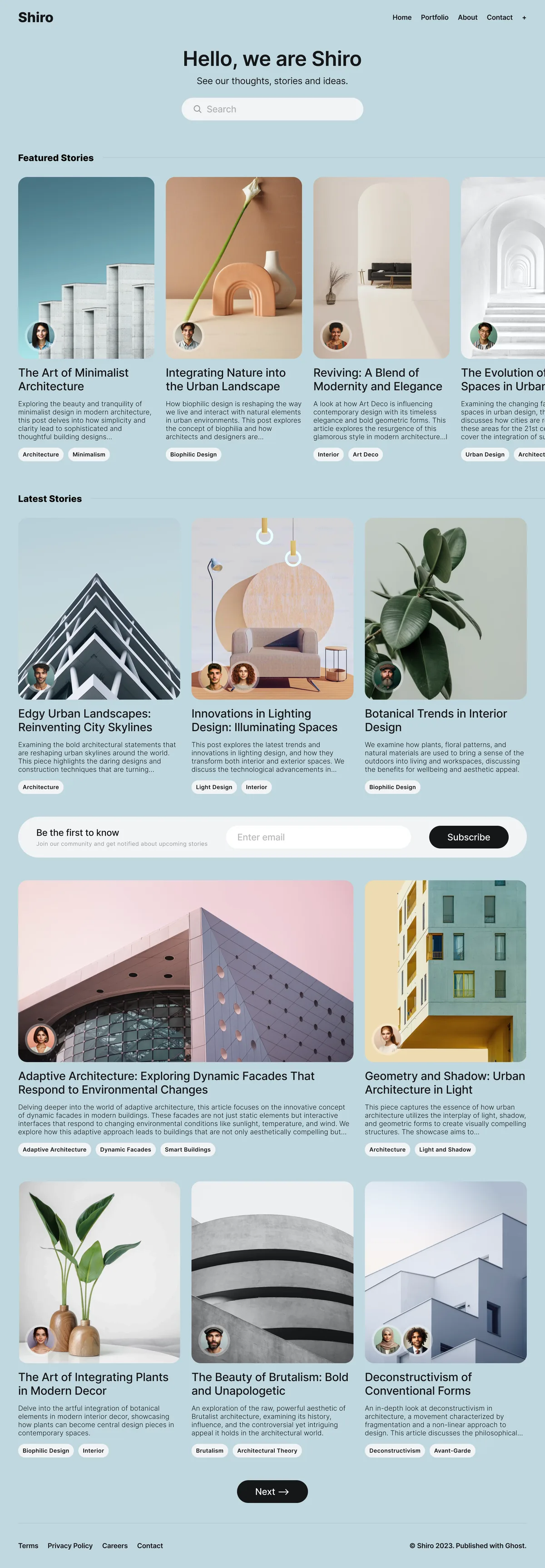 Shiro Ghost theme Blau color scheme showing blue-toned homepage with cool accent colors